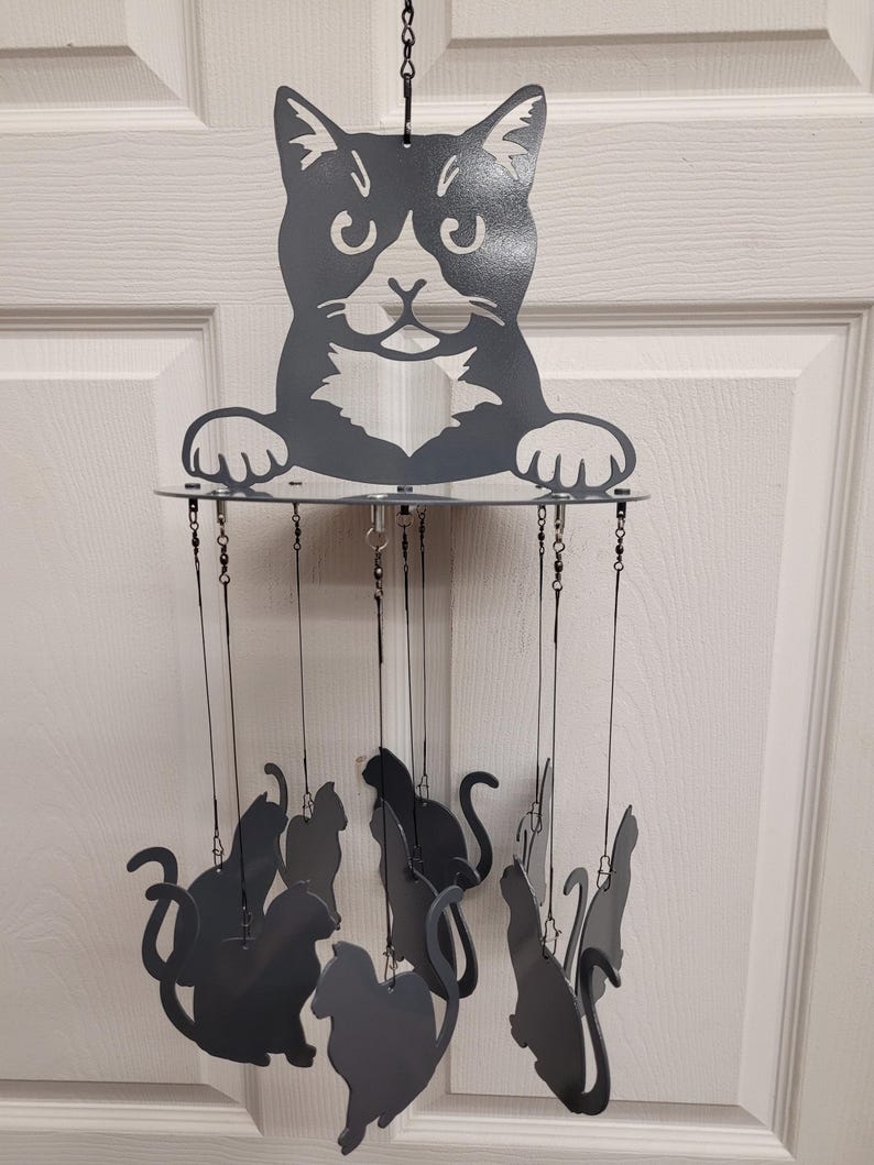 Carillon éolien décoratif en acier découpé au plasma, motif chat, 81 cm, intérieur/extérieur