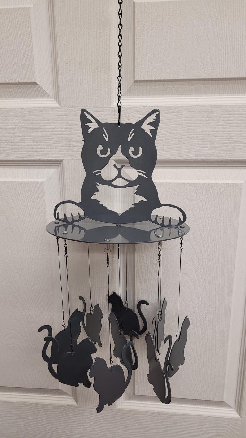 Carillon éolien décoratif en acier découpé au plasma, motif chat, 81 cm, intérieur/extérieur