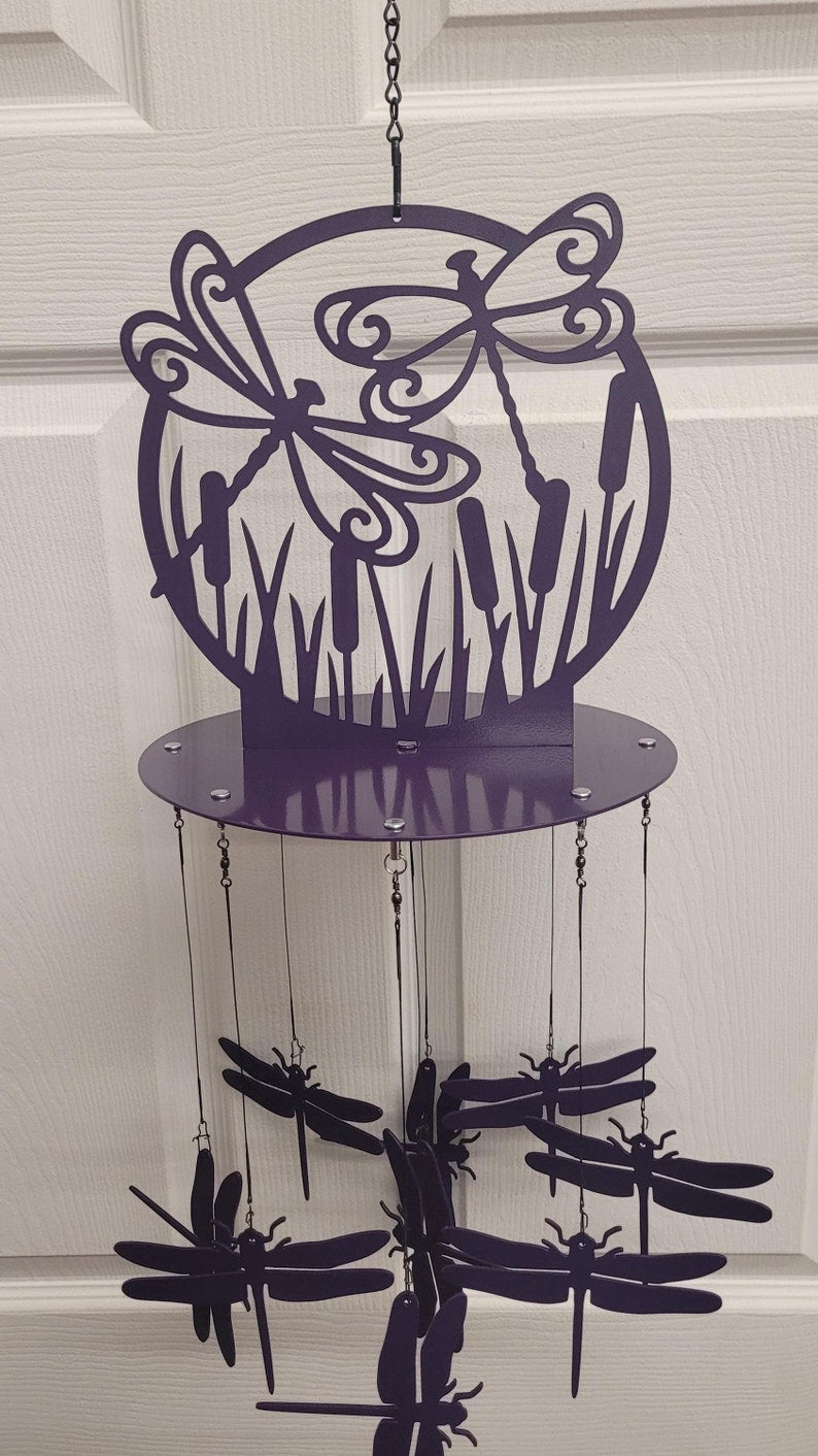 Carillon éolien libellule en acier découpé au plasma pour décoration de jardin, 81 cm, peint à la main avec finition antirouille