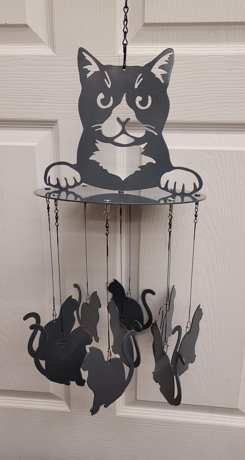 Carillon éolien décoratif en acier découpé au plasma, motif chat, 81 cm, intérieur/extérieur