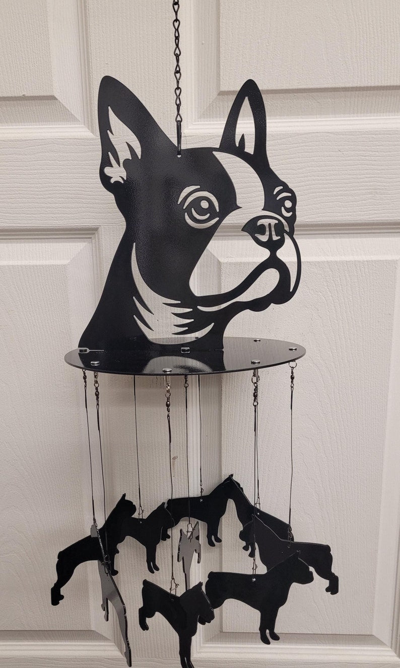 Carillon éolien Boston Terrier en acier découpé au plasma, 81 cm, décoration intérieure et extérieure