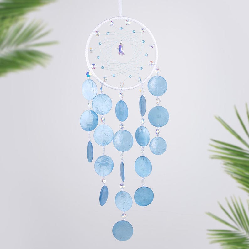 Carillon éolien en coquillage Capiz turquoise, attrape-rêves à suspendre, décoration de fenêtre, hauteur 68 cm