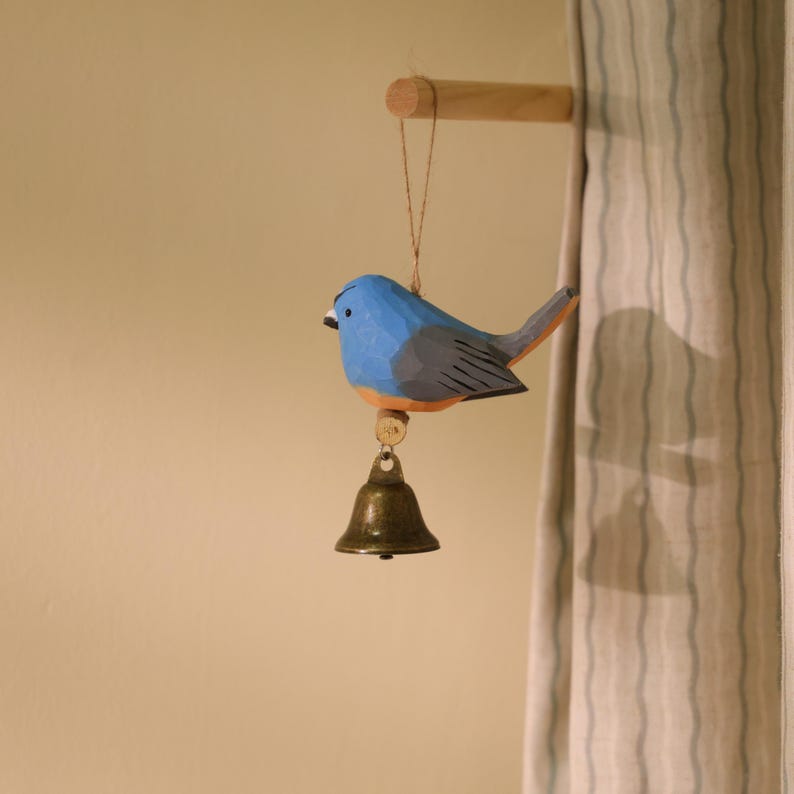 Ornement d'oiseau en bois sculpté à la main, Bleu, Décoration d'intérieur et de Noël