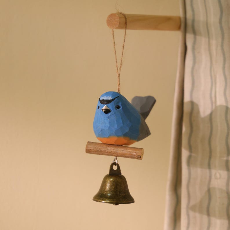Ornement d'oiseau en bois sculpté à la main, Bleu, Décoration d'intérieur et de Noël