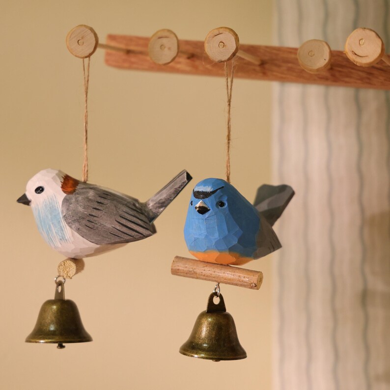 Ornement d'oiseau en bois sculpté à la main, Bleu, Décoration d'intérieur et de Noël