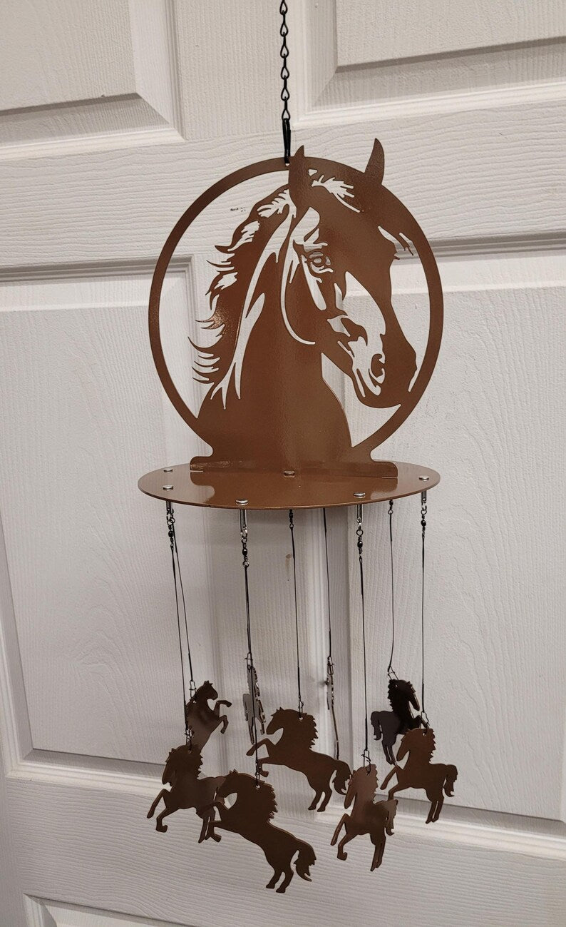 Carillon éolien cheval en acier découpé au plasma, décor intérieur extérieur