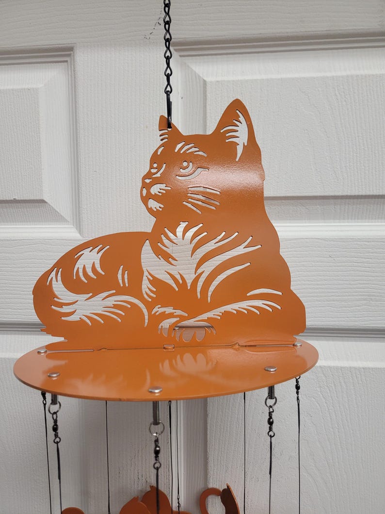 Carillon éolien chat couché en acier découpé au plasma, 81 cm, décoration intérieure et extérieure