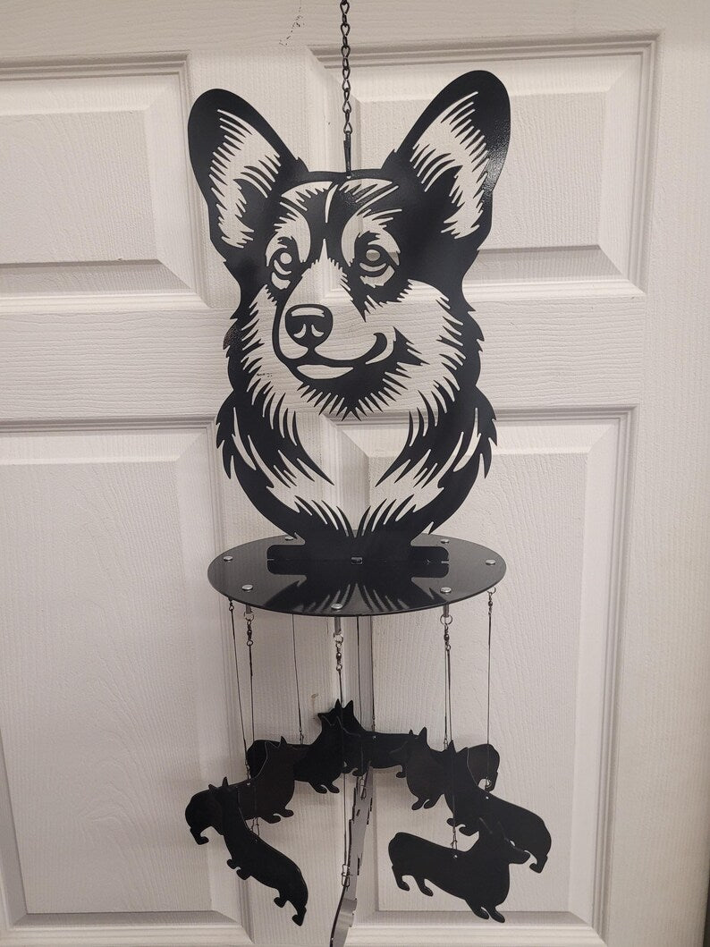Carillon éolien en acier découpé au plasma, motif Corgi, décoration intérieure et extérieure, 81 cm