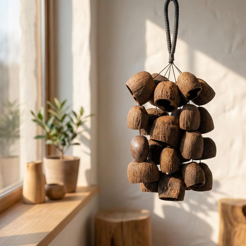 Carillon éolien en coquillages 18 po, 24 coquillages salins naturels, sons mélodieux pour cour et balcon