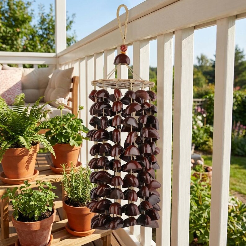 Carillon éolien en coquilles de fruit, 40 cm, 121 pièces, décoration extérieure pour cour et balcon, sons naturels apaisants