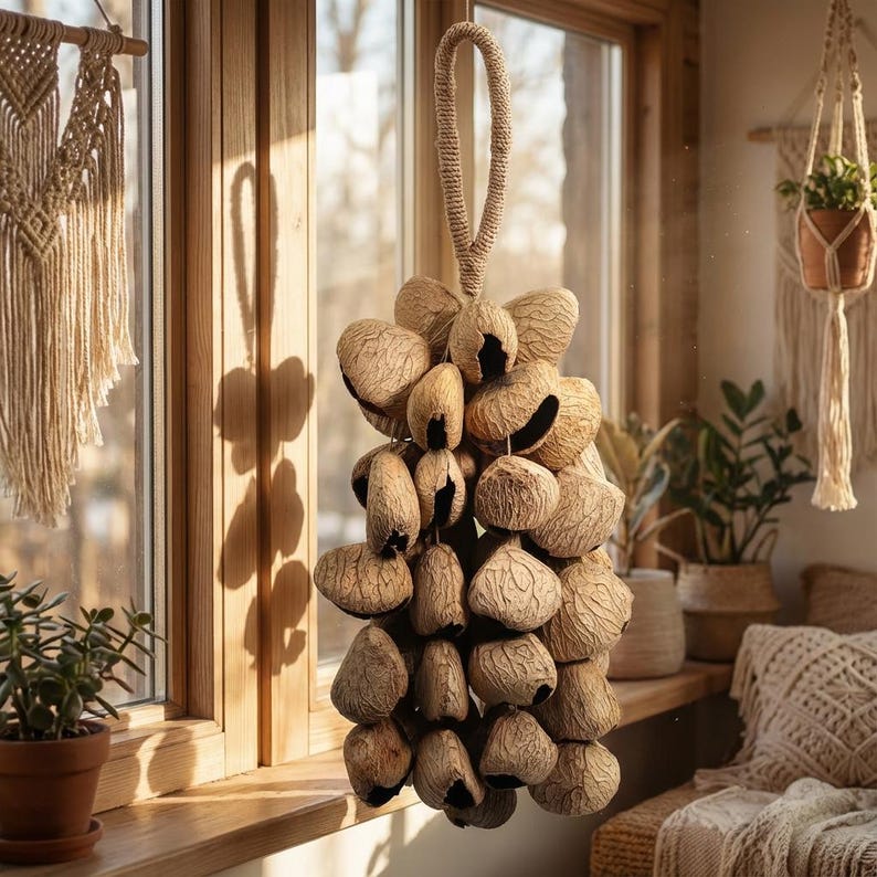 Carillon Éolien en Coquilles de Fruits Noirs d'Indonésie, 15,75 pouces, 60 Coquilles, Son Naturel pour Cour, Balcon, Restaurant