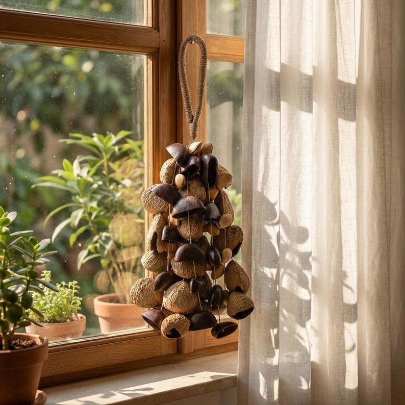 Carillon Éolien en Coquilles de Fruits Naturelles, 15,75 Pouces, 60 Pièces, Suspendu pour Cour et Balcon