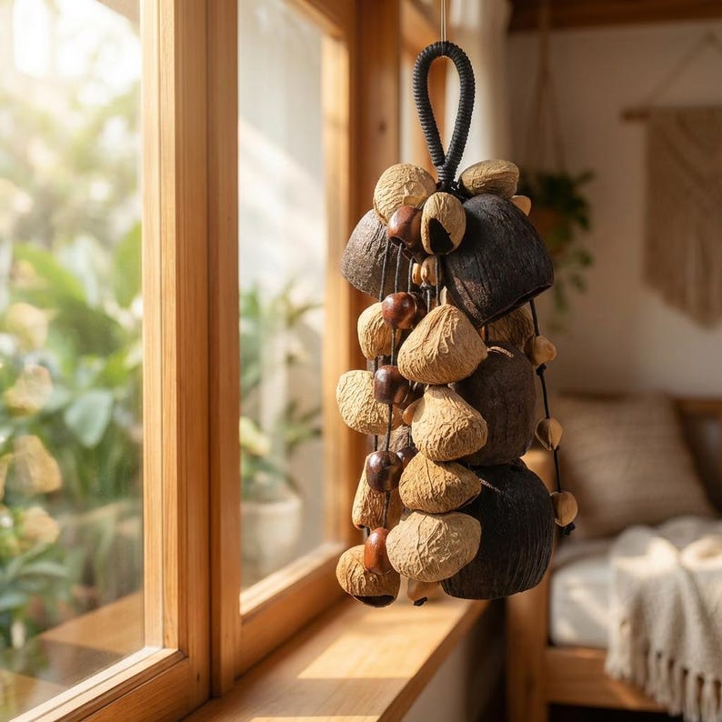 Carillon Éolien en Fruits Naturel 12,99 Pouces, 51 Pièces Coquillages Chacha Panj Pala Salin, Suspension Décorative pour Cour et Jardin