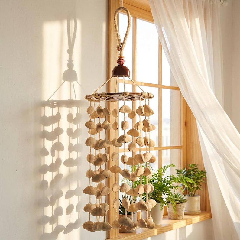 Carillon éolien en coquilles de fruits, hauteur 18 po, 97 pièces (96 chachas et 1 juju), poids 261,5 g, sons naturels apaisants