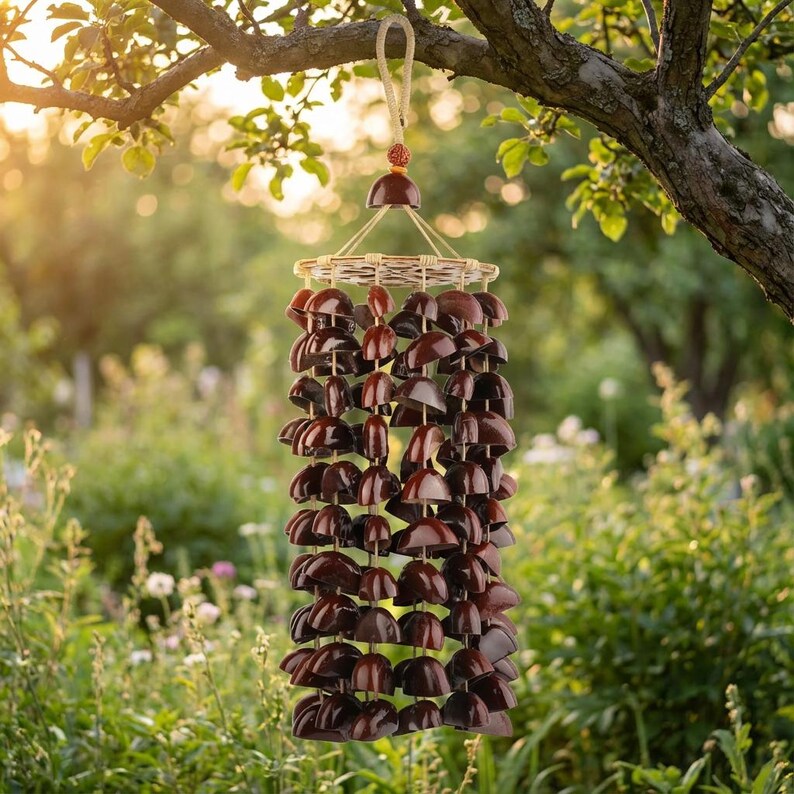 Carillon éolien en coquilles de fruit, 40 cm, 121 pièces, décoration extérieure pour cour et balcon, sons naturels apaisants