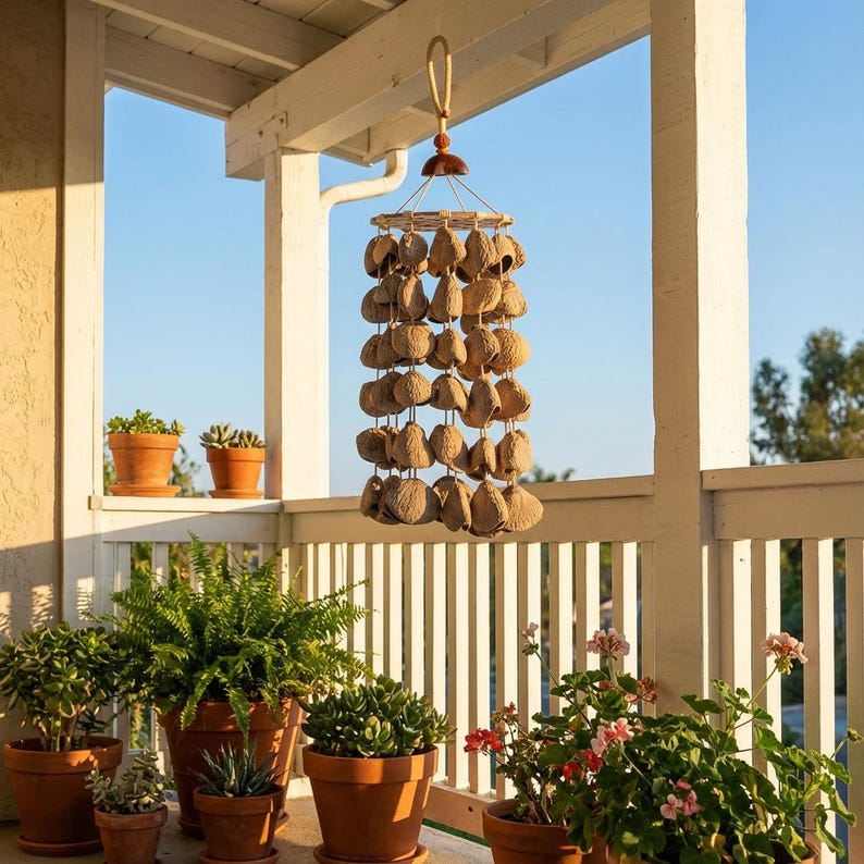 Carillon Éolien en Coquillages de 19 po, 72 Pièces de Panji, 1 Juju, Son Naturel, Décoration de Cour et Balcon