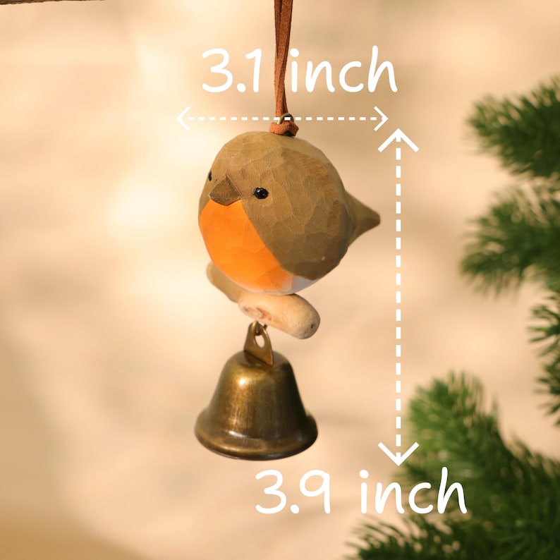 Ornement rouge-gorge en bois sculpté à la main avec cloche, décoration d'intérieur rustique et de Noël