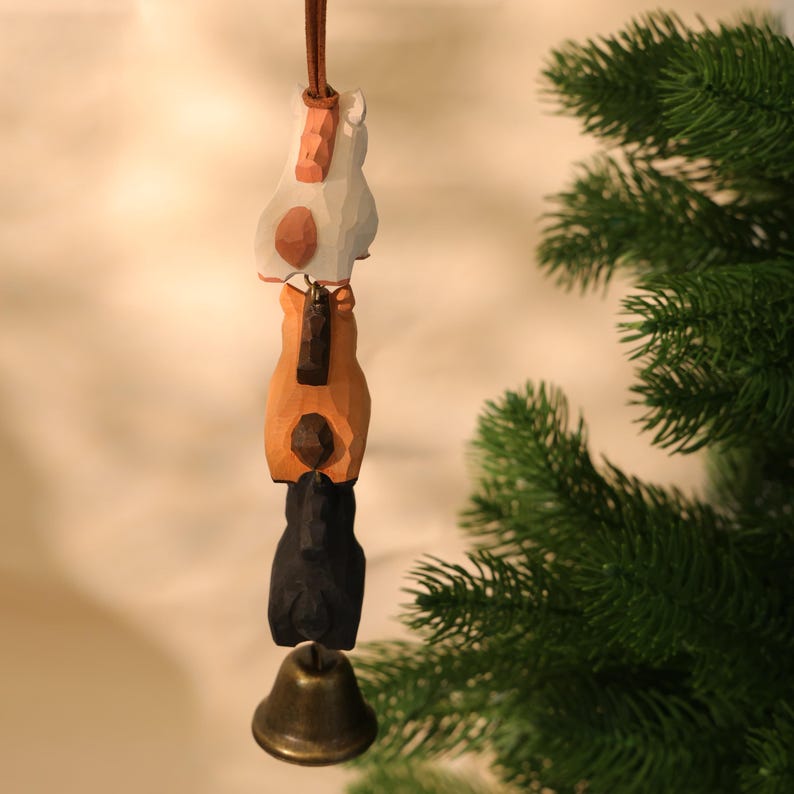Ornement de cloche en bois avec animaux de la ferme empilés, suspension décorative rustique pour sapin de Noël et maison