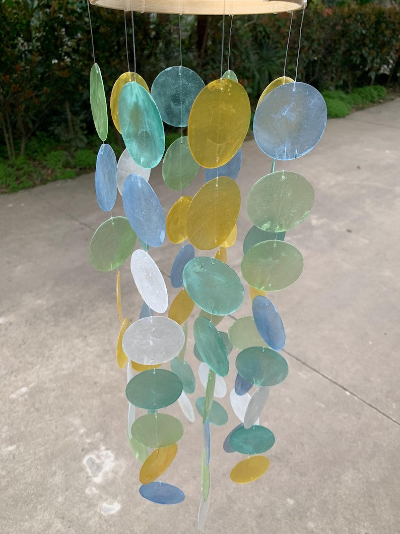 Carillon Éolien en Coquillages de Capiz, 64 Coquillages, Bambou, Décor Bord de Mer, 80 cm