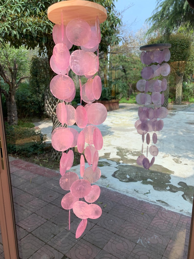 Carillon éolien en coquillages de Capiz roses, décoration bohème, ornement à suspendre 68 cm, style A violet-rose ou style B pêche