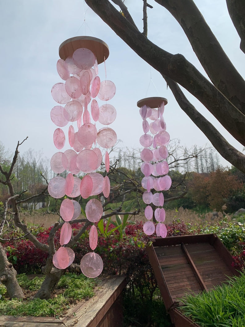 Carillon éolien en coquillages de Capiz roses, décoration bohème, ornement à suspendre 68 cm, style A violet-rose ou style B pêche