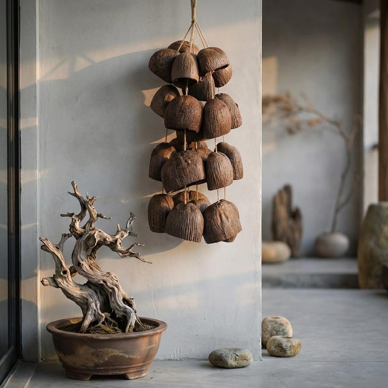 Carillon Éolien en Coquillages Salins, Décor Naturel pour Cour et Balcon, Sons Doux et Naturels
