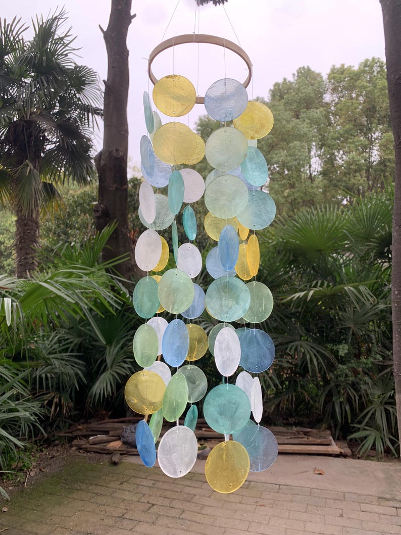 Carillon Éolien en Coquillages de Capiz, 64 Coquillages, Bambou, Décor Bord de Mer, 80 cm