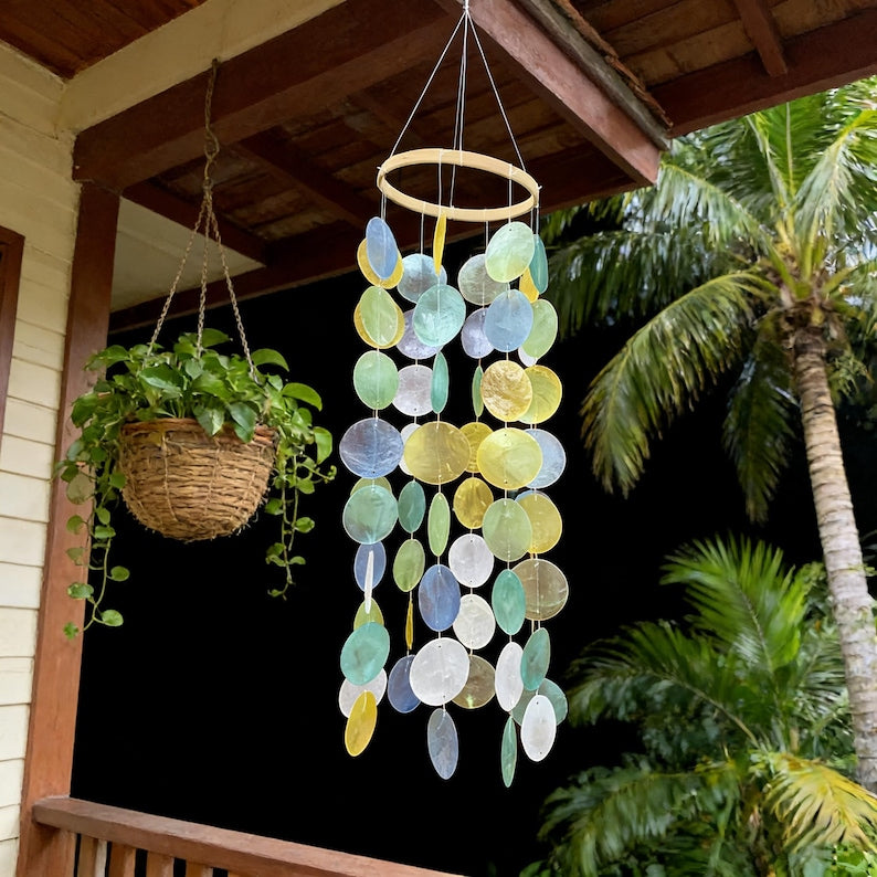 Carillon Éolien en Coquillages de Capiz, 64 Coquillages, Bambou, Décor Bord de Mer, 80 cm