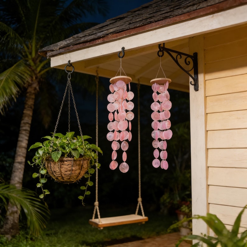 Carillon éolien en coquillages de Capiz roses, décoration bohème, ornement à suspendre 68 cm, style A violet-rose ou style B pêche