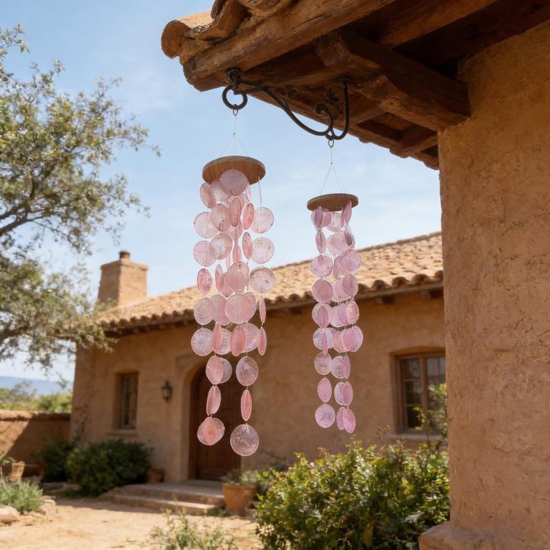 Carillon éolien en coquillages de Capiz roses, décoration bohème, ornement à suspendre 68 cm, style A violet-rose ou style B pêche