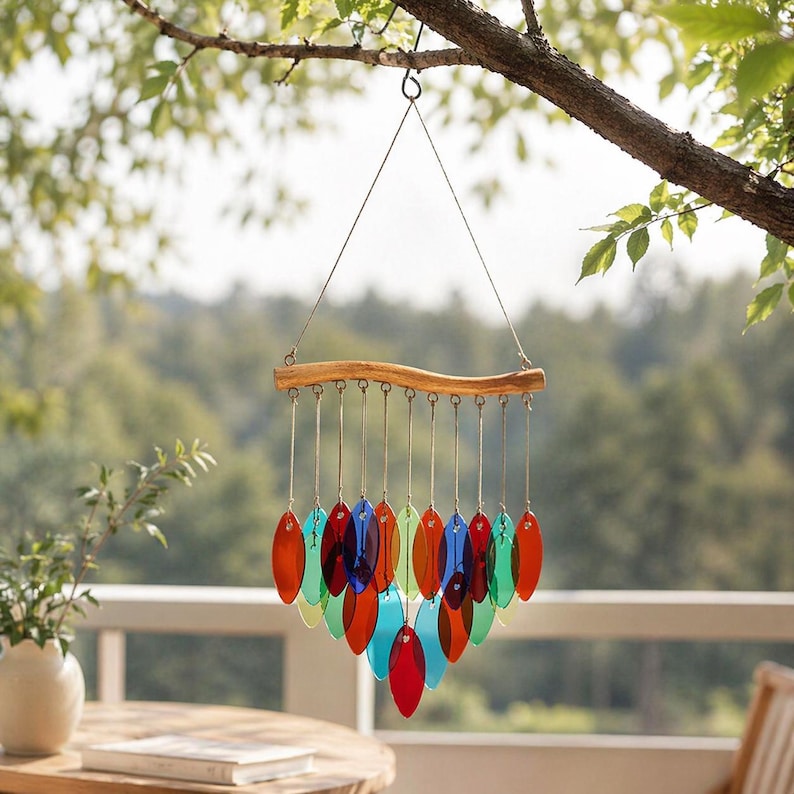 Carillon Éolien en Verre avec Feuilles Colorées et Attrape-Soleil, Décoration de Jardin et Fenêtre, Extérieur et Intérieur