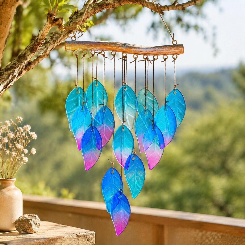 Carillon Éolien en Verre avec Feuilles Colorées et Attrape-Soleil, Décoration de Jardin et Fenêtre, Extérieur et Intérieur