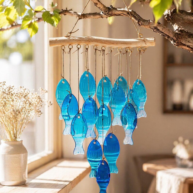Carillon Éolien en Verre avec Feuilles Colorées et Attrape-Soleil, Décoration de Jardin et Fenêtre, Extérieur et Intérieur