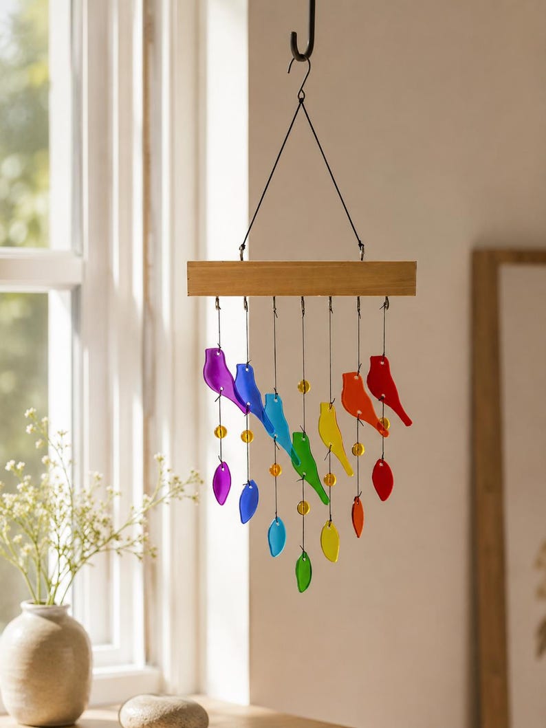 Carillon éolien en verre fusionné avec oiseaux et feuilles colorées, mât en bois, 71 cm, décoration de jardin et fenêtre