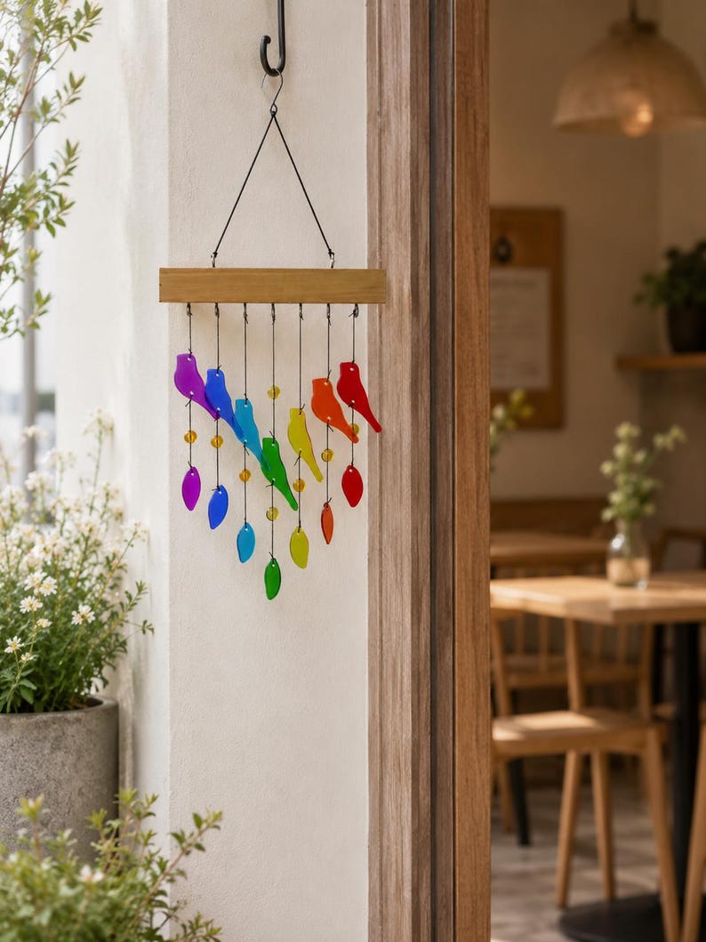 Carillon éolien en verre fusionné avec oiseaux et feuilles colorées, mât en bois, 71 cm, décoration de jardin et fenêtre