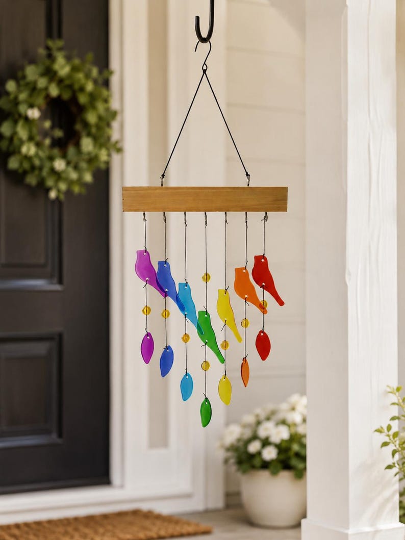 Carillon éolien en verre fusionné avec oiseaux et feuilles colorées, mât en bois, 71 cm, décoration de jardin et fenêtre
