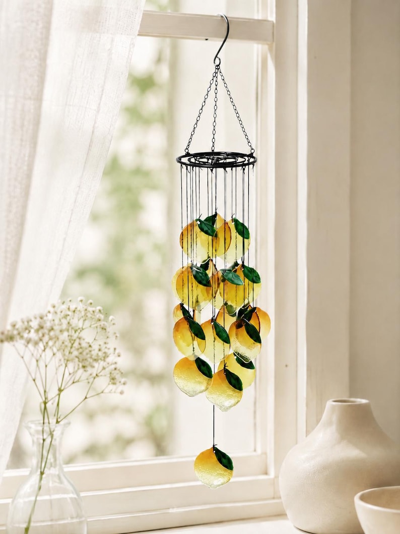 Carillon éolien en verre fondu citron avec cadre en fer forgé, attrape-soleil suspendu pour jardin, cour, balcon et fenêtre
