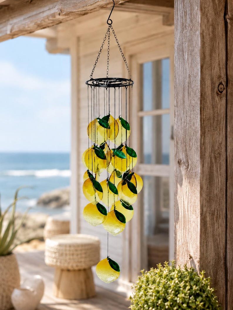 Carillon éolien en verre fondu citron avec cadre en fer forgé, attrape-soleil suspendu pour jardin, cour, balcon et fenêtre