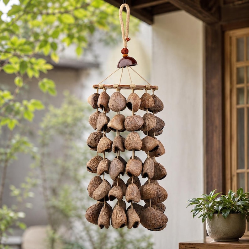 Carillon Éolien en Coquillages de 19 po, 72 Pièces de Panji, 1 Juju, Son Naturel, Décoration de Cour et Balcon