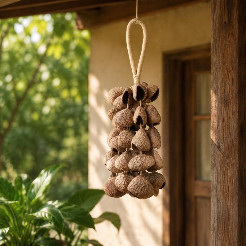 Carillon Éolien en Coquilles de Fruits Noirs d'Indonésie, 15,75 pouces, 60 Coquilles, Son Naturel pour Cour, Balcon, Restaurant