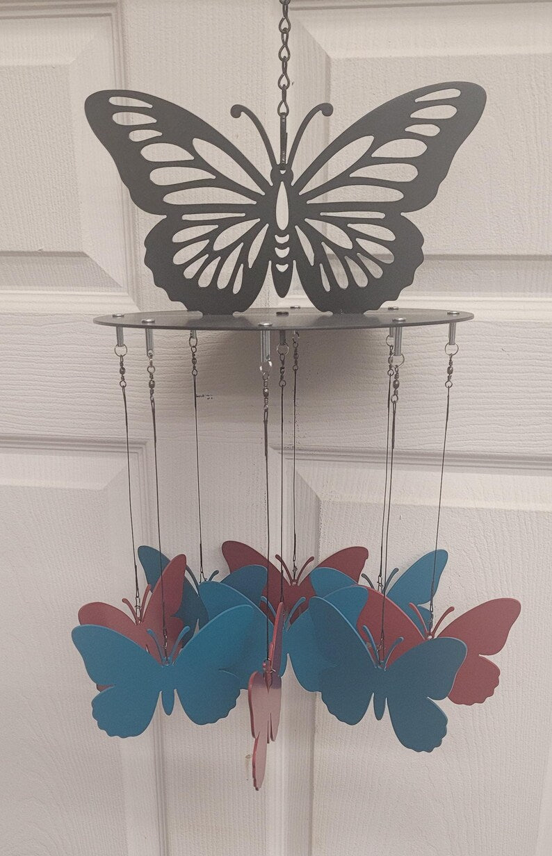Carillon éolien papillon en acier découpé au plasma, décoration de jardin, 25 cm de diamètre, 81 cm de long, peint à la main, antirouille