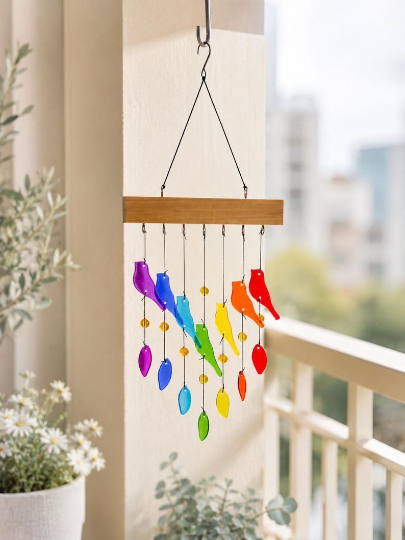 Carillon éolien en verre fusionné avec oiseaux et feuilles colorées, mât en bois, 71 cm, décoration de jardin et fenêtre