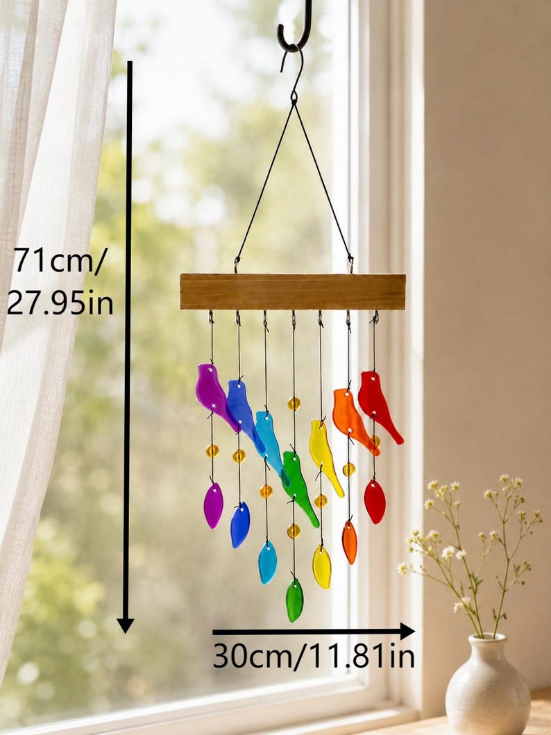 Carillon éolien en verre fusionné avec oiseaux et feuilles colorées, mât en bois, 71 cm, décoration de jardin et fenêtre