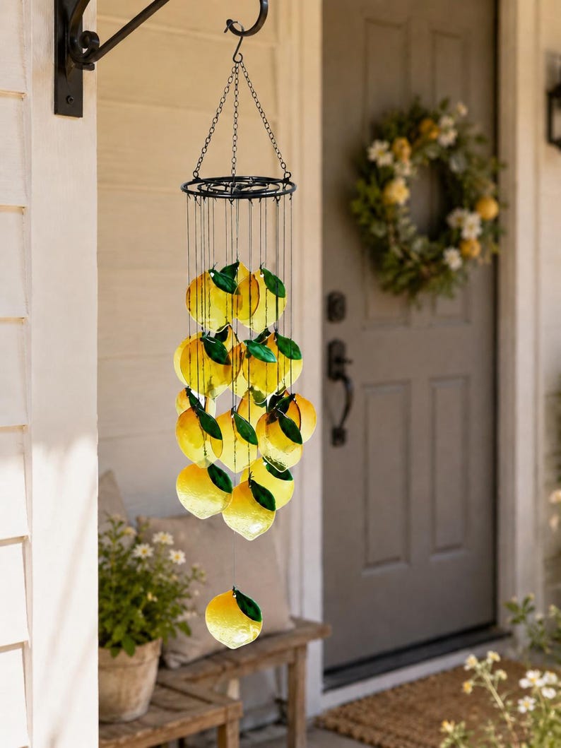 Carillon éolien en verre fondu citron avec cadre en fer forgé, attrape-soleil suspendu pour jardin, cour, balcon et fenêtre
