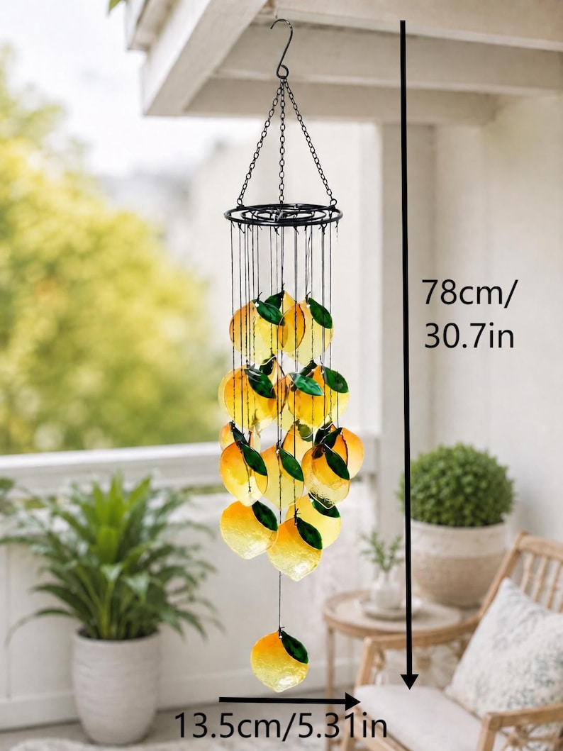 Carillon éolien en verre fondu citron avec cadre en fer forgé, attrape-soleil suspendu pour jardin, cour, balcon et fenêtre