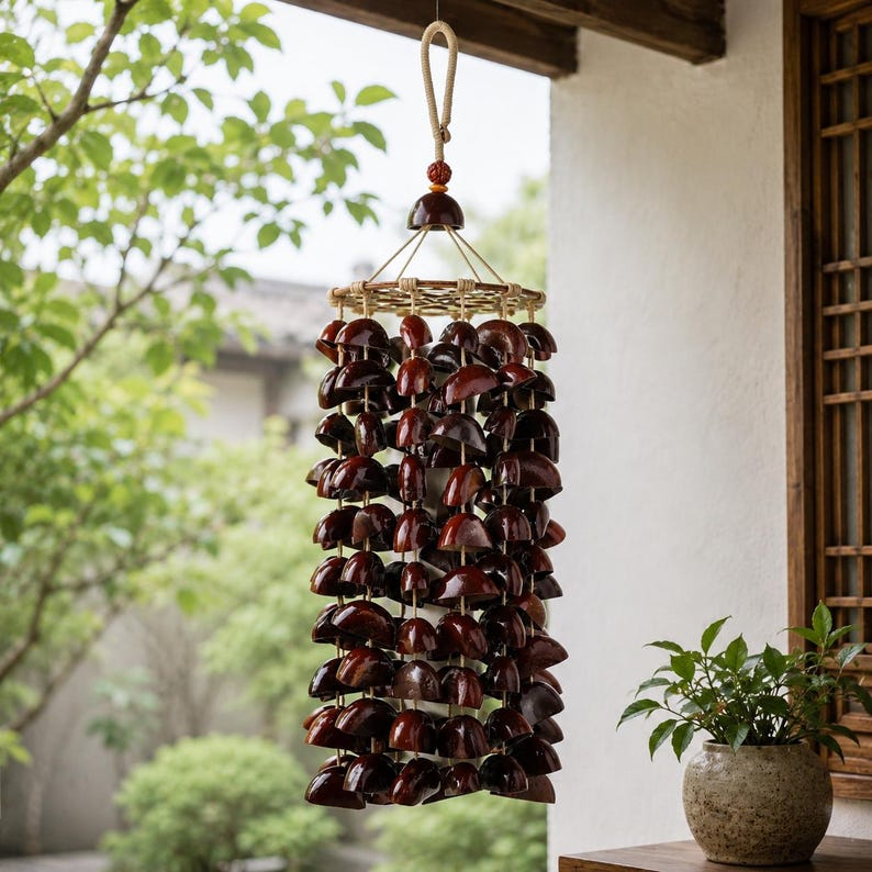 Carillon éolien en coquilles de fruit, 40 cm, 121 pièces, décoration extérieure pour cour et balcon, sons naturels apaisants