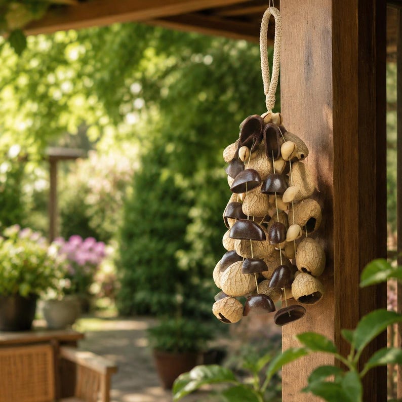Carillon Éolien en Coquilles de Fruits Naturelles, 15,75 Pouces, 60 Pièces, Suspendu pour Cour et Balcon