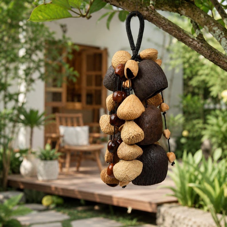 Carillon Éolien en Fruits Naturel 12,99 Pouces, 51 Pièces Coquillages Chacha Panj Pala Salin, Suspension Décorative pour Cour et Jardin