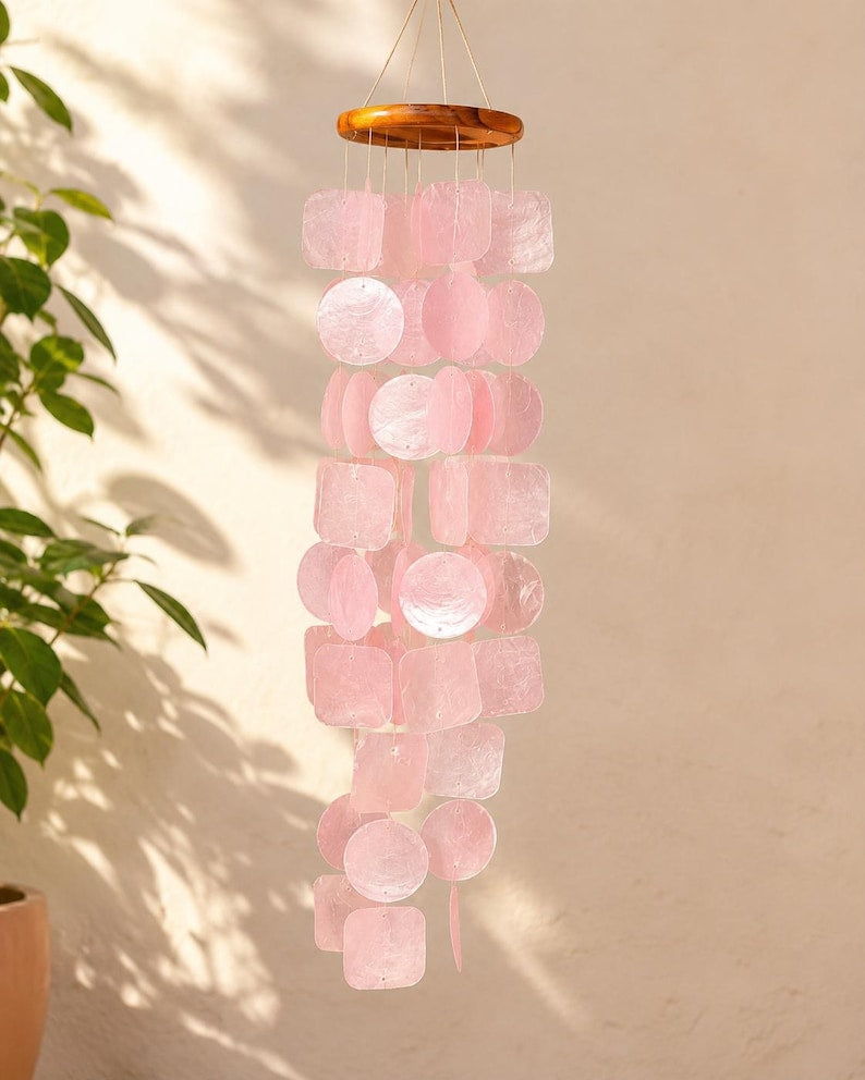 Carillon éolien en coquillage Capiz et bois, or rose, 60 cm, décoration suspendue pour terrasse, jardin et intérieur