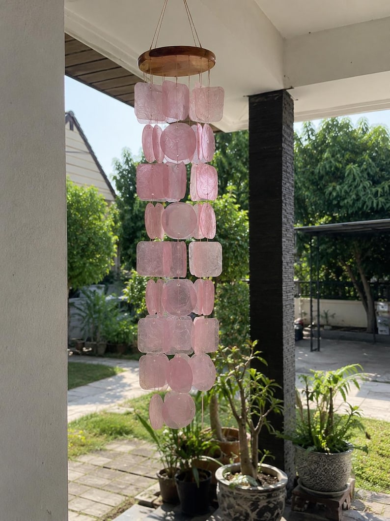 Carillon éolien en coquillage Capiz et bois, or rose, 60 cm, décoration suspendue pour terrasse, jardin et intérieur